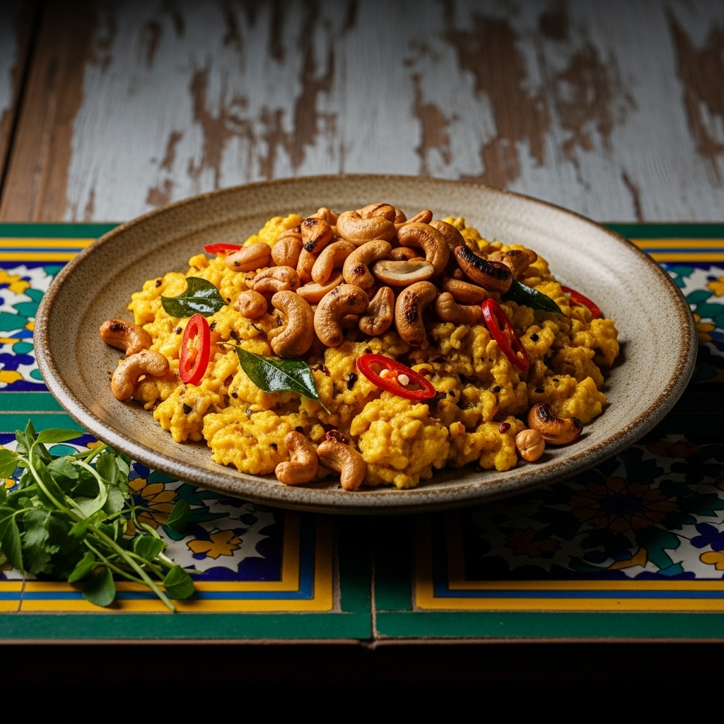 Sri Lankan Coconut Curry Scrambled Eggs with Roasted Cashews
