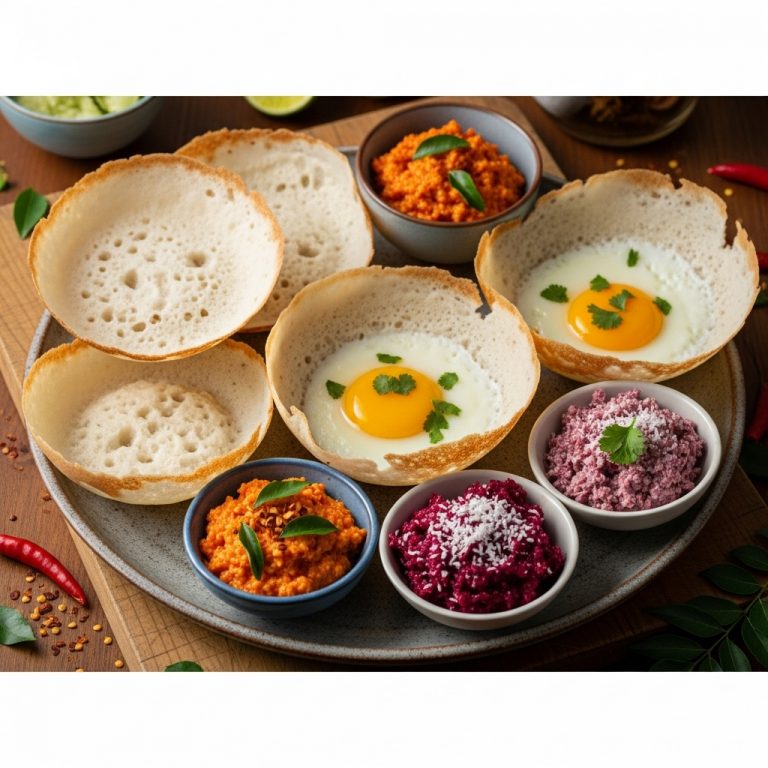 Sri Lankan Gluten-Free Breakfast Feast: Hoppers with Coconut Sambol and Pol Sambol