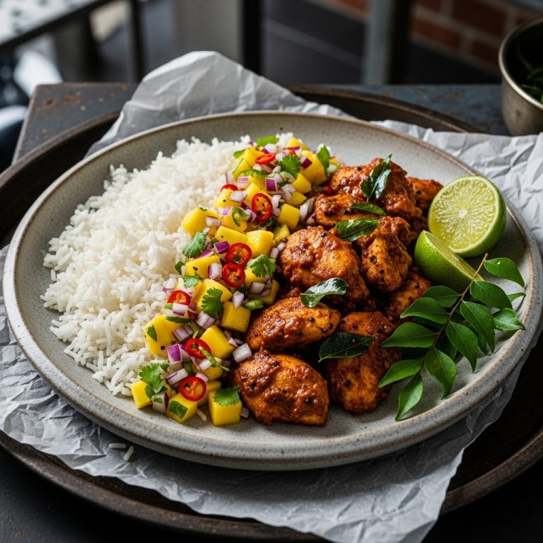 Sri Lankan Gluten-Free Coconut Rice Bowl with Spicy Chicken and Mango Salsa