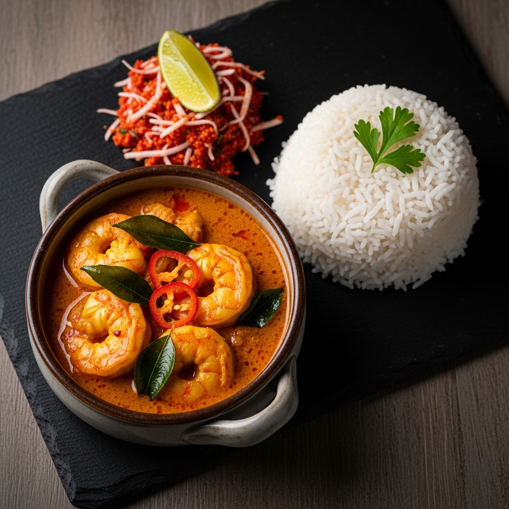 “Sri Lankan Gluten-Free Seafood Delight: Prawn Curry with Rice and Pol Sambol”