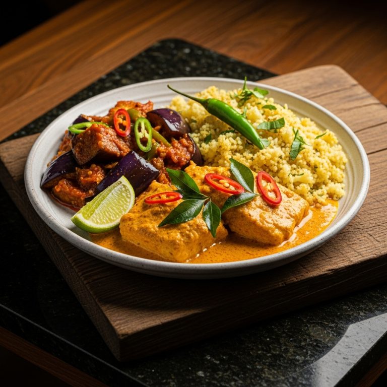 Sri Lankan Keto-Friendly Curry Feast: Coconut Fish Curry with Spicy Eggplant and Cauliflower Rice