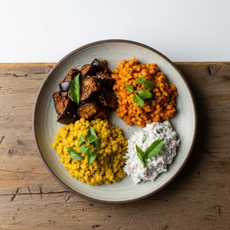 Sri Lankan Vegan Curry Delight: Aromatic Eggplant, Spicy Dhal, and Coconut Sambol Feast