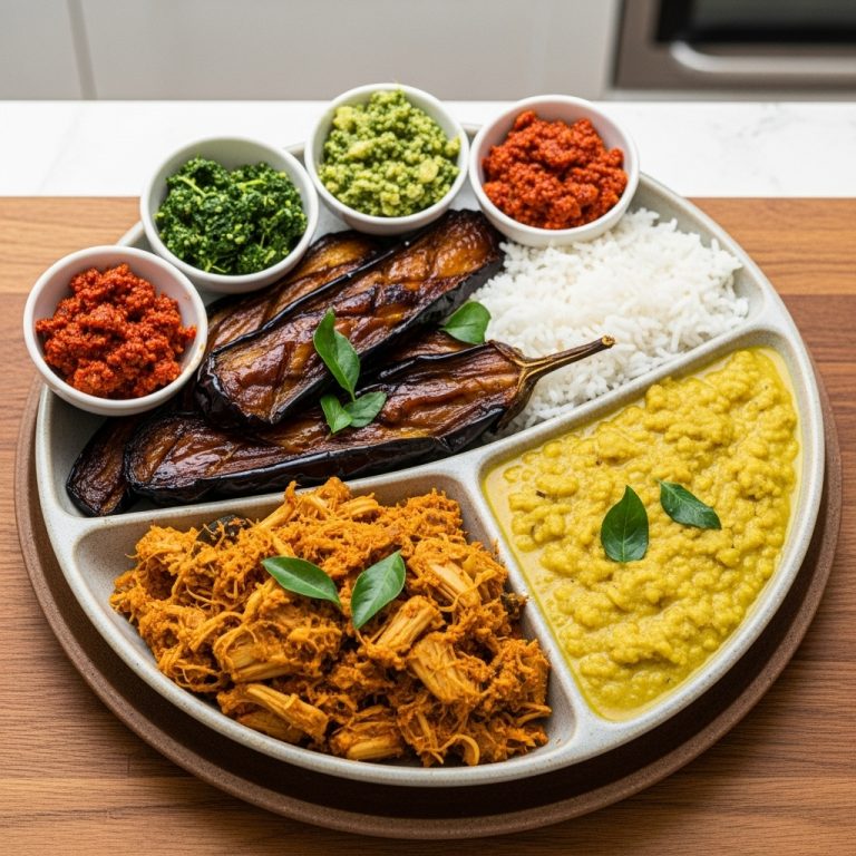 Sri Lankan Vegan Curry Feast: Aromatic Eggplant, Jackfruit & Dhal Delight