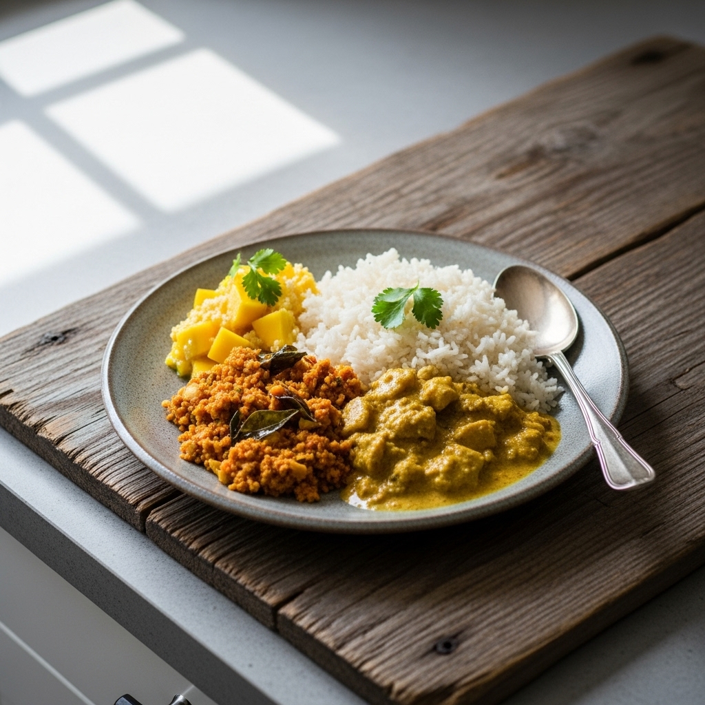 “Sri Lankan Vegetarian Breakfast Feast: Aromatic Rice & Coconut Curry with Mango Sambol”