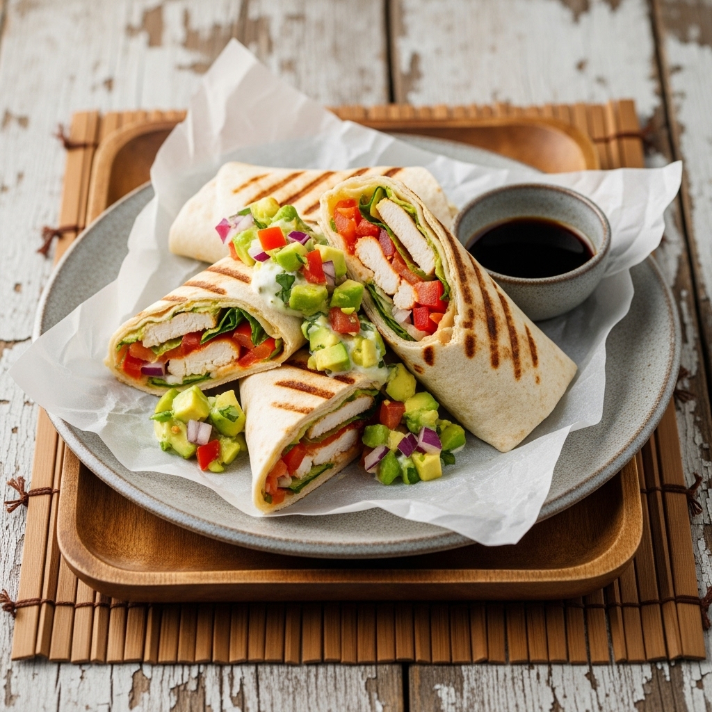 Street-Side Festival Classic Lunch: Grilled Chicken Fajita Wraps with Creamy Avocado Salsa