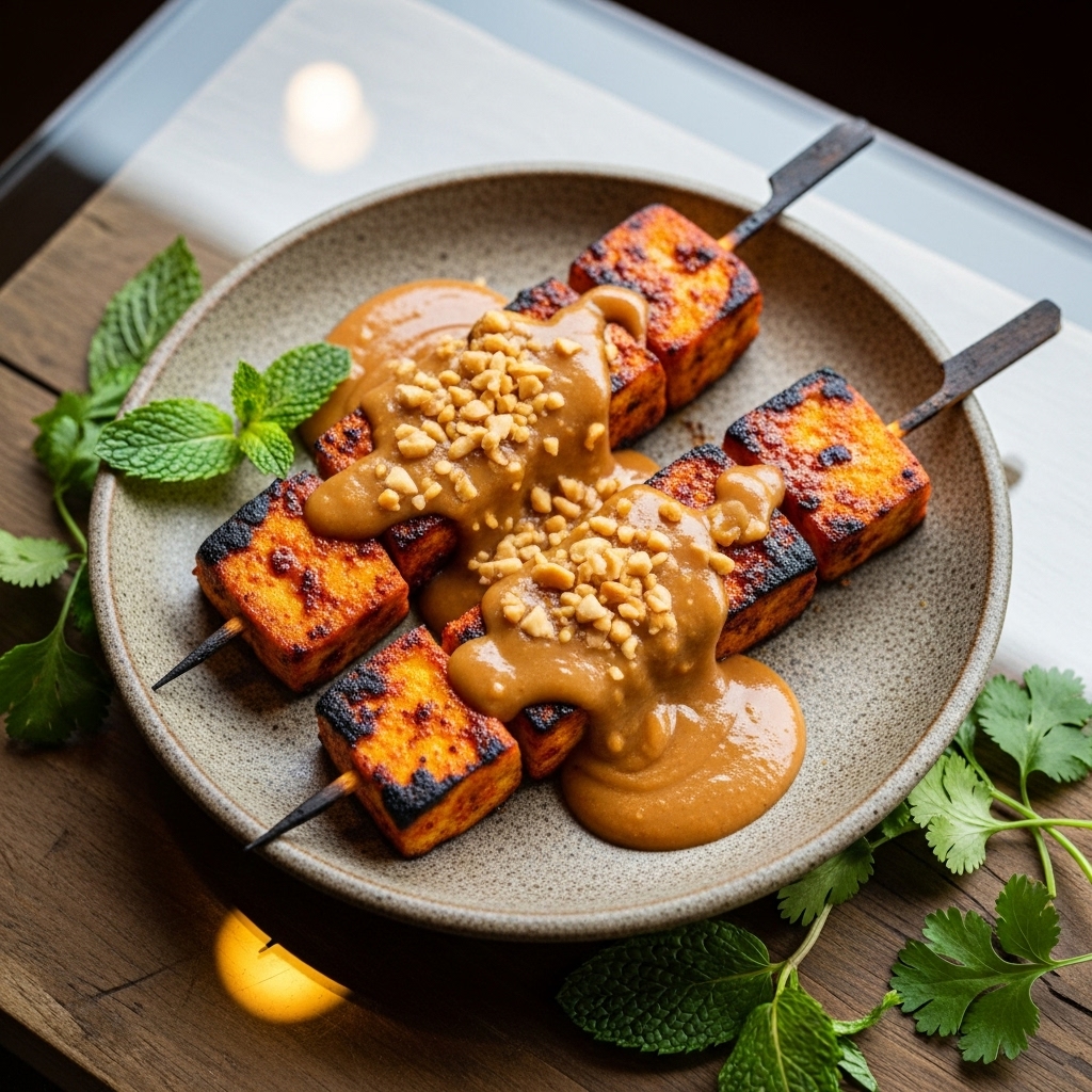 Street Side Spicy Tofu Skewers with Smoky Peanut Sauce