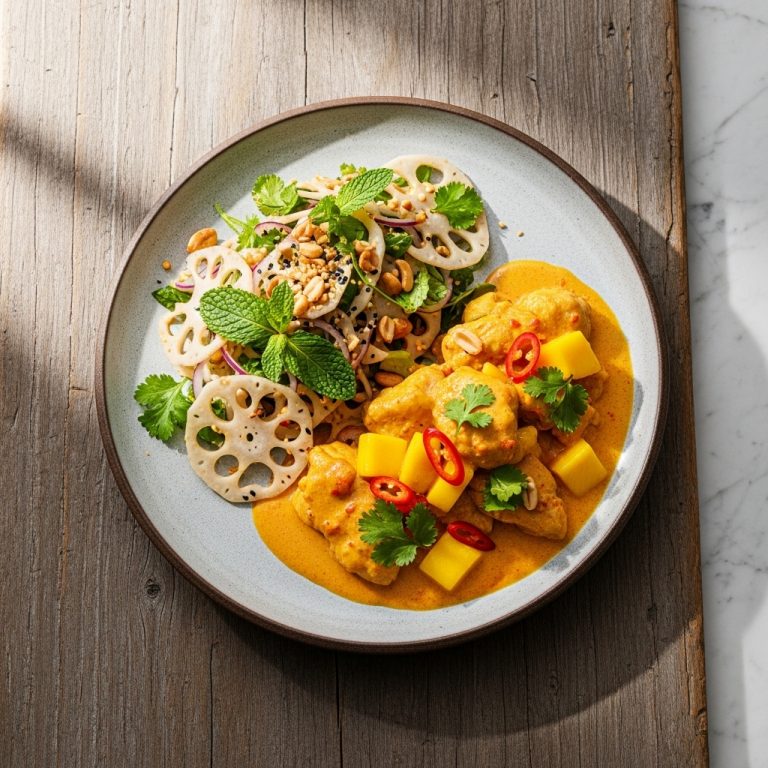 “Succulent Cambodian Lunch: Paleo-Friendly Mango & Coconut Curry Chicken with Crunchy Lotus Root Salad”