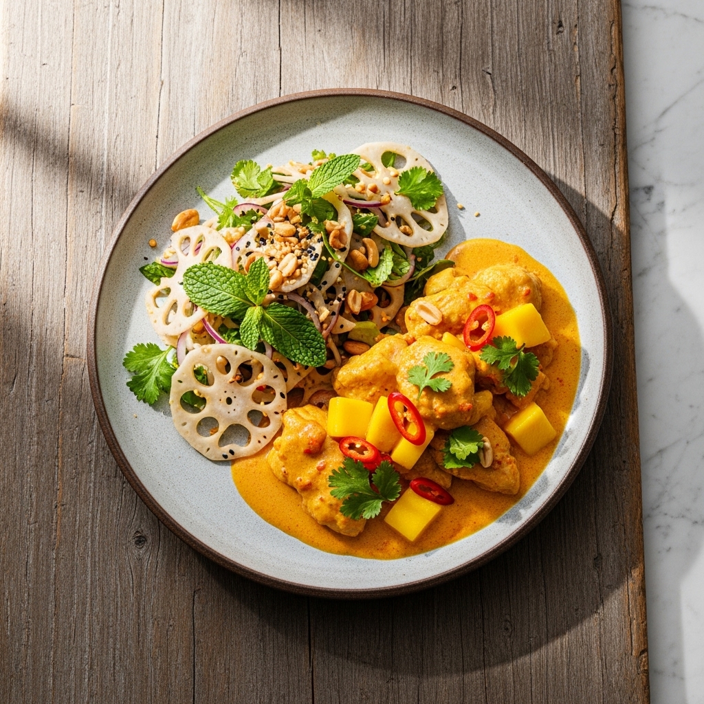 “Succulent Cambodian Lunch: Paleo-Friendly Mango & Coconut Curry Chicken with Crunchy Lotus Root Salad”