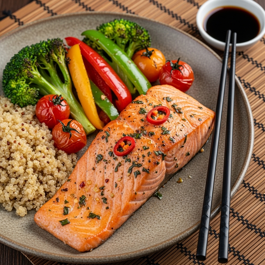 Succulent Chilean Lunch: Paleo-Perfect Grilled Salmon with Roasted Vegetables and Quinoa