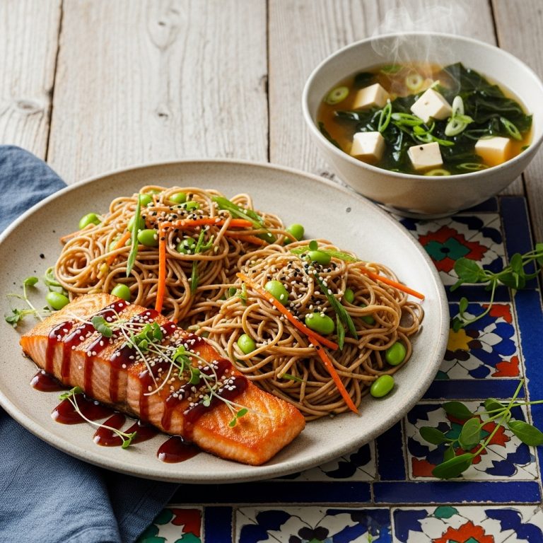 Succulent Gluten-Free Japanese Dinner Feast: Seared Salmon with Soba Noodles & Miso Soup