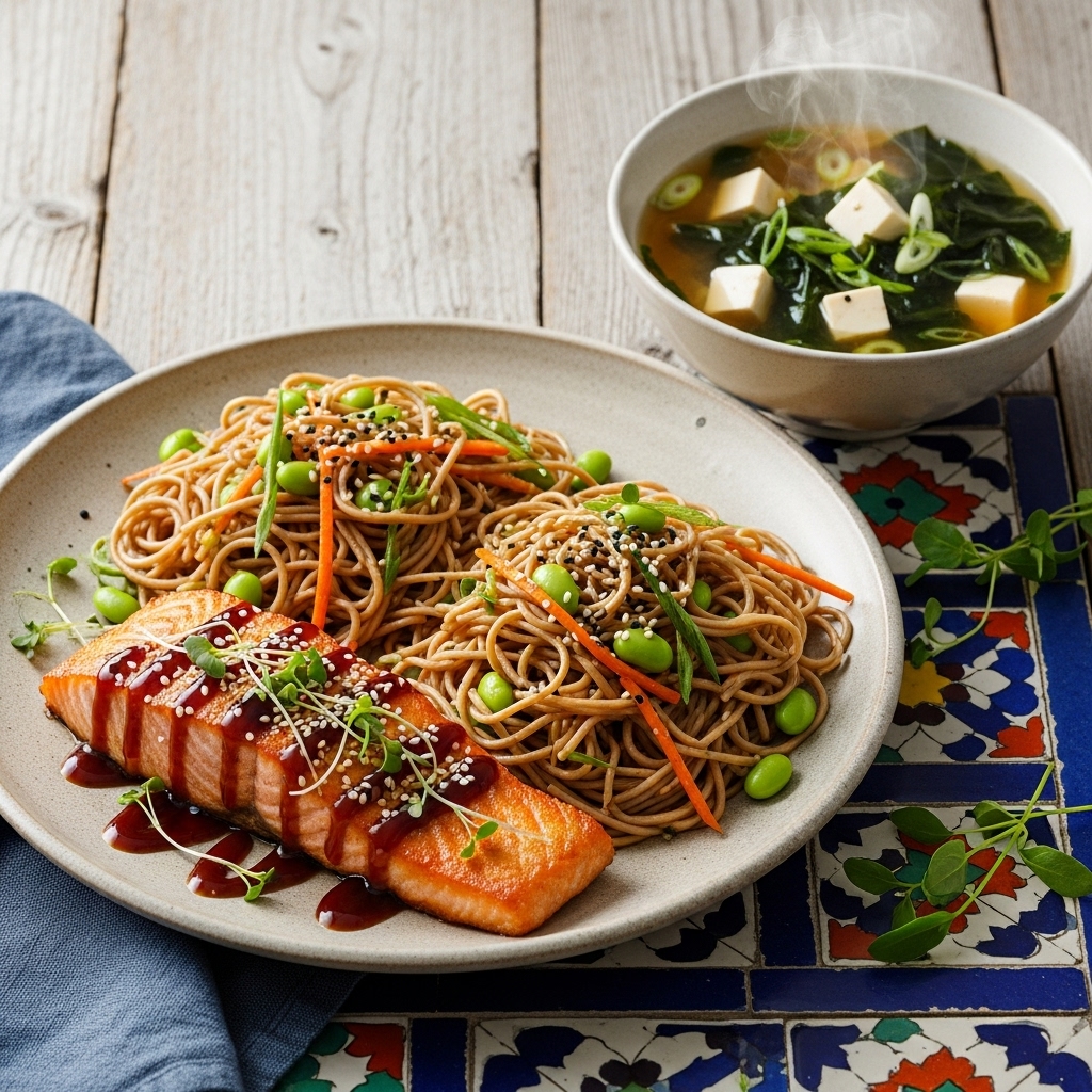 Succulent Gluten-Free Japanese Dinner Feast: Seared Salmon with Soba Noodles & Miso Soup