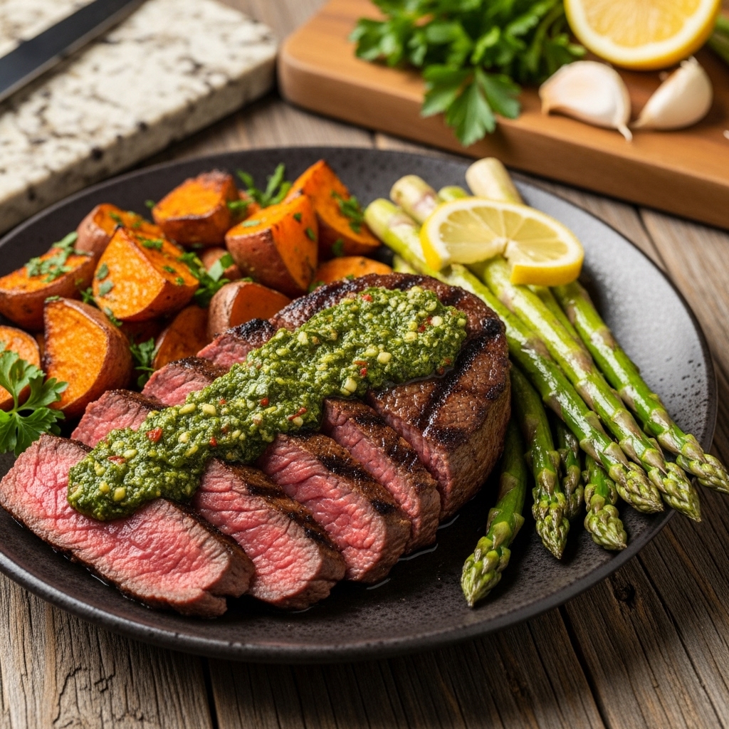 Succulent Grilled Chimichurri Steak with Roasted Sweet Potatoes and Lemon-Garlic Asparagus