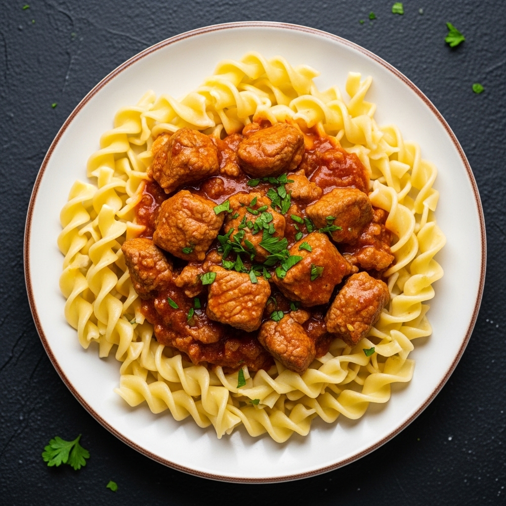 Succulent Hungarian Pork Goulash Bites on Buttered Egg Noodles