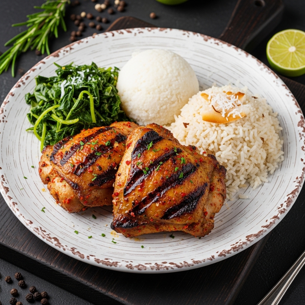 Succulent Kenyan Dinner: Grilled Maasai Chicken Thighs, Ugali, Sukuma Wiki & Coconut Rice Pilaf