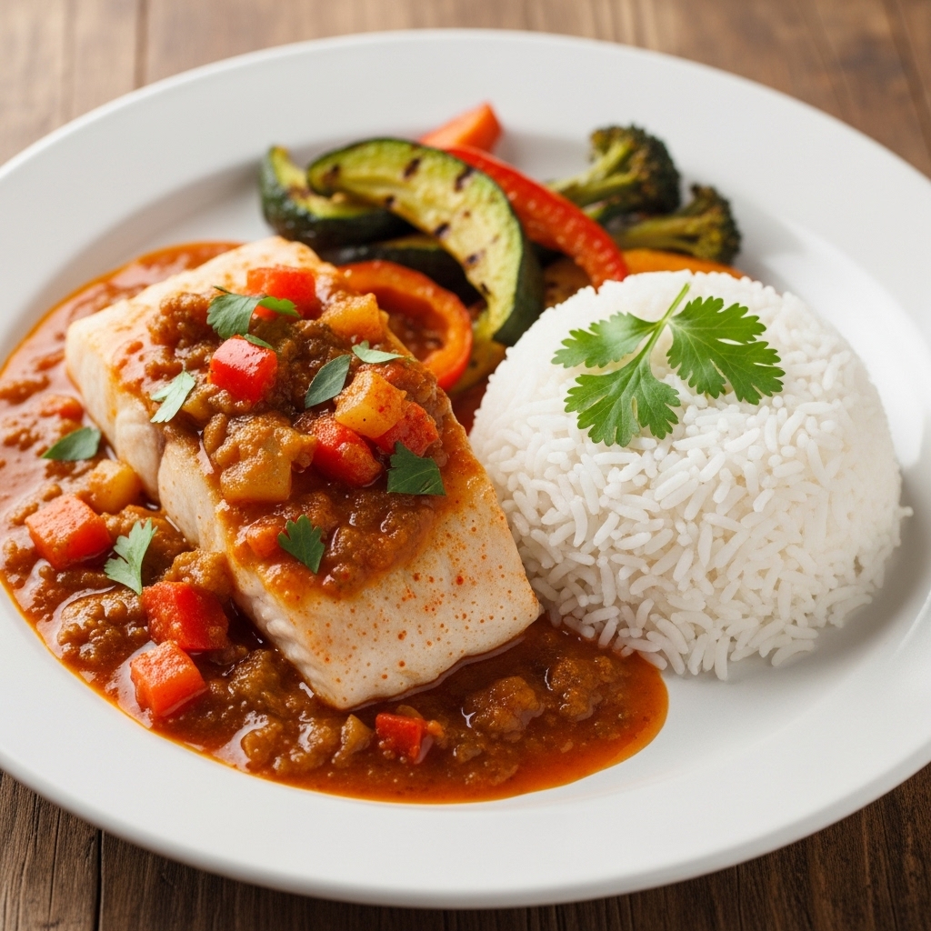 Succulent Kenyan Gluten-Free Swahili Fish Stew with Coconut Rice & Roasted Veggies – A Sensory Dining Experience!