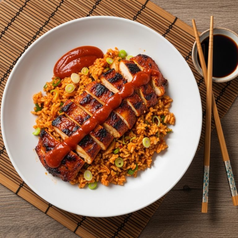 Succulent Korean BBQ Chicken Bowl with Kimchi Fried Rice and Spicy Gochujang Sauce