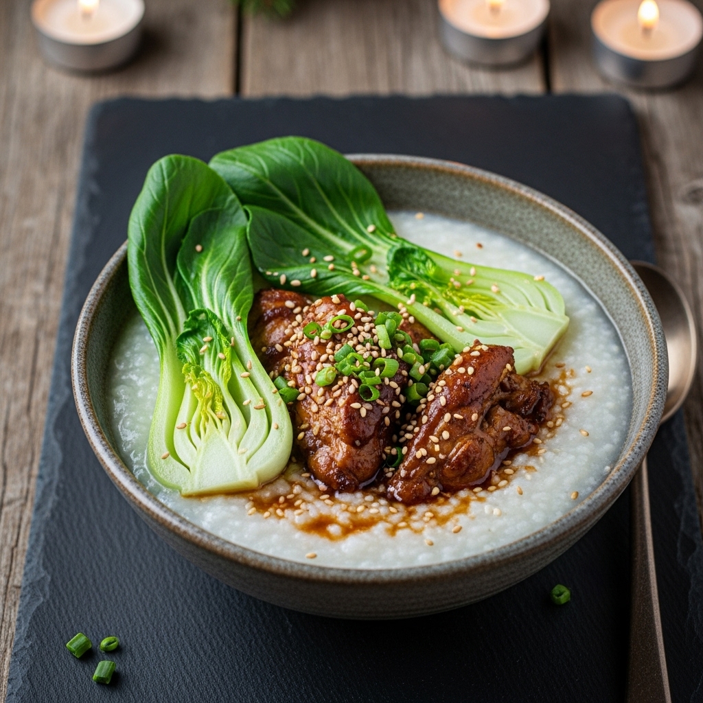 Succulent Paleo Chinese Brunch Congee with Braised Chicken and Bok Choy
