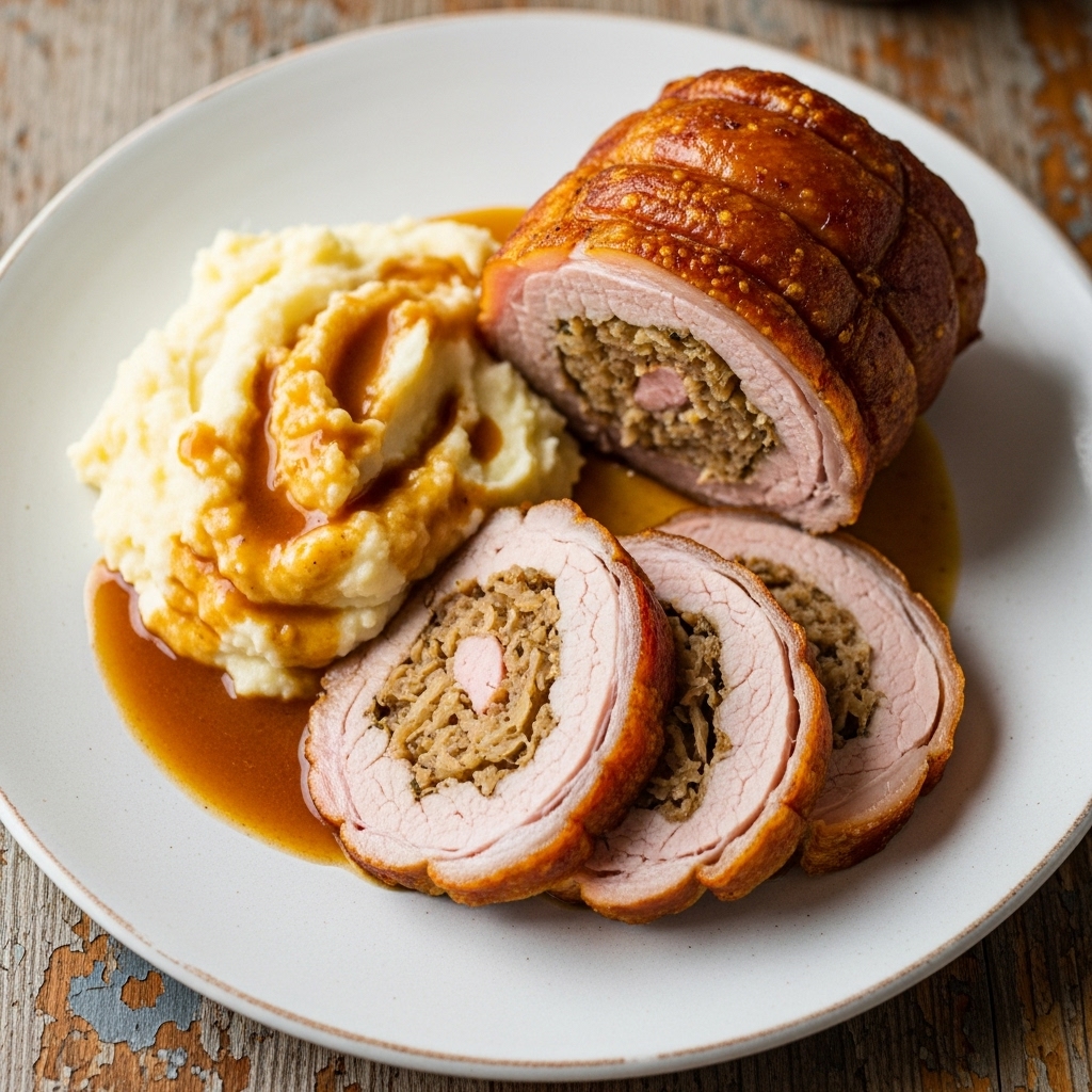 Succulent Paleo German-Inspired Roast Pork Loin with Apple-Sauerkraut Stuffing and Creamy Mashed Rutabaga
