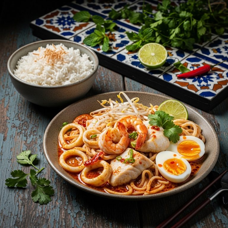 Succulent Seafood Curry Laksa with Coconut Rice – A Delectable Malaysian Fusion Dish!