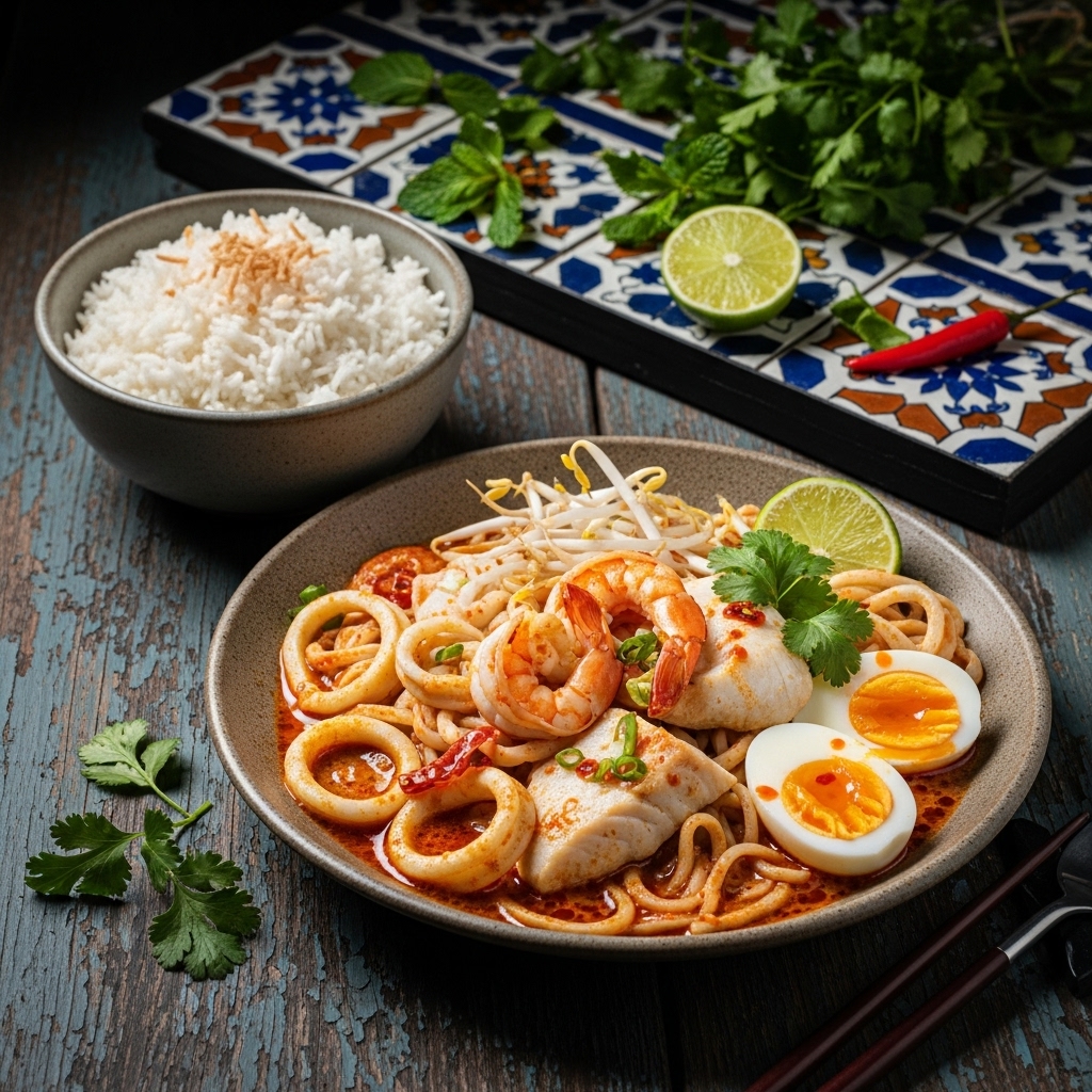 Succulent Seafood Curry Laksa with Coconut Rice – A Delectable Malaysian Fusion Dish!