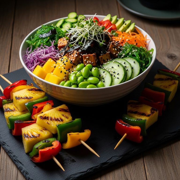 Succulent Vegan Hawaiian Luau Feast: Tropical Poke Bowl & Grilled Pineapple Skewers