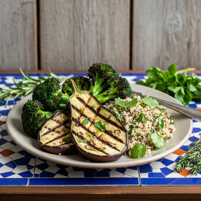 “Sumptuous Australian Vegetarian Dinner: Grilled Eggplant, Charred Broccoli, and Herbed Quinoa”