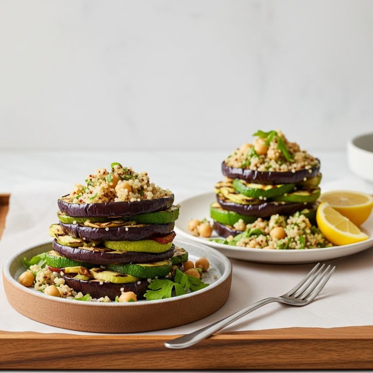 Sumptuous Australian Veggie Feast: Grilled Eggplant & Zucchini Stacks with Lemon Herb Quinoa & Crunchy Chickpea Salad
