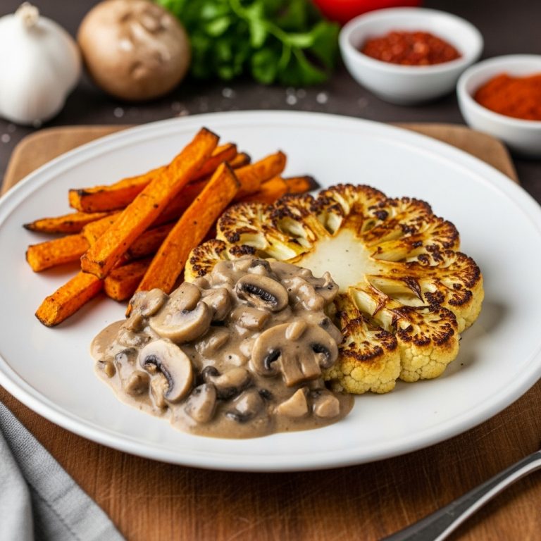 Sumptuous Cauliflower Steak with Rich Mushroom Gravy & Roasted Sweet Potato Fries – A Vegan Dinner Delight
