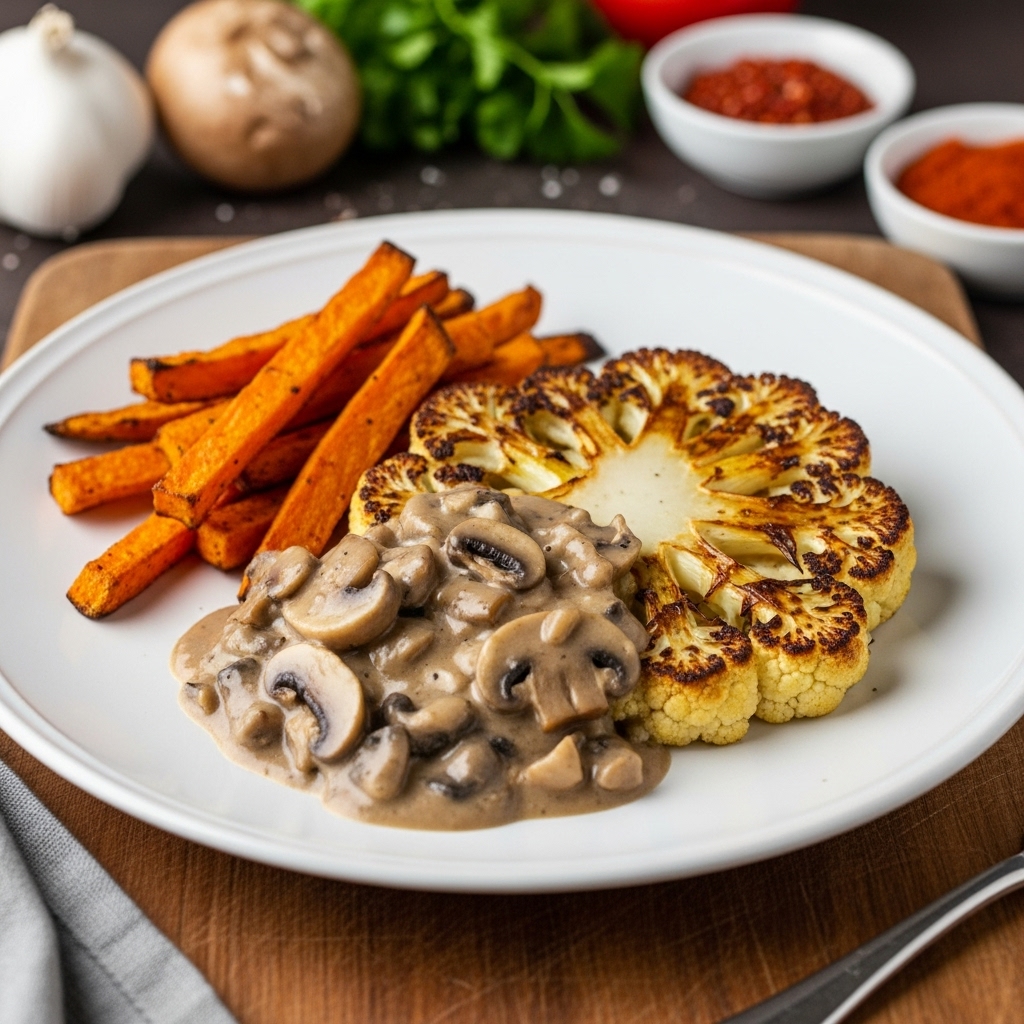 Sumptuous Cauliflower Steak with Rich Mushroom Gravy & Roasted Sweet Potato Fries – A Vegan Dinner Delight