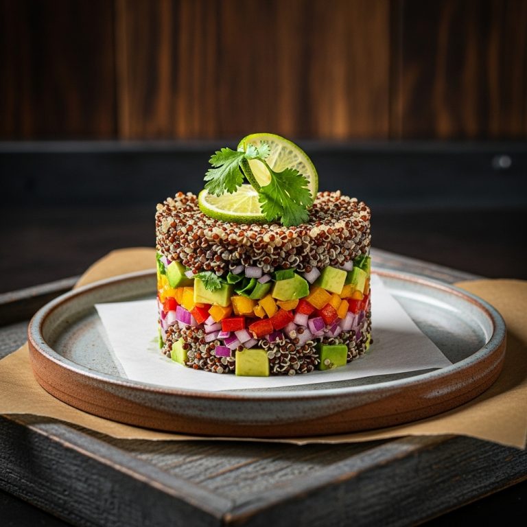 “Sumptuous Colombian Vegan Brunch – Aromatic Quinoa & Vegetable Ceviche Tower”