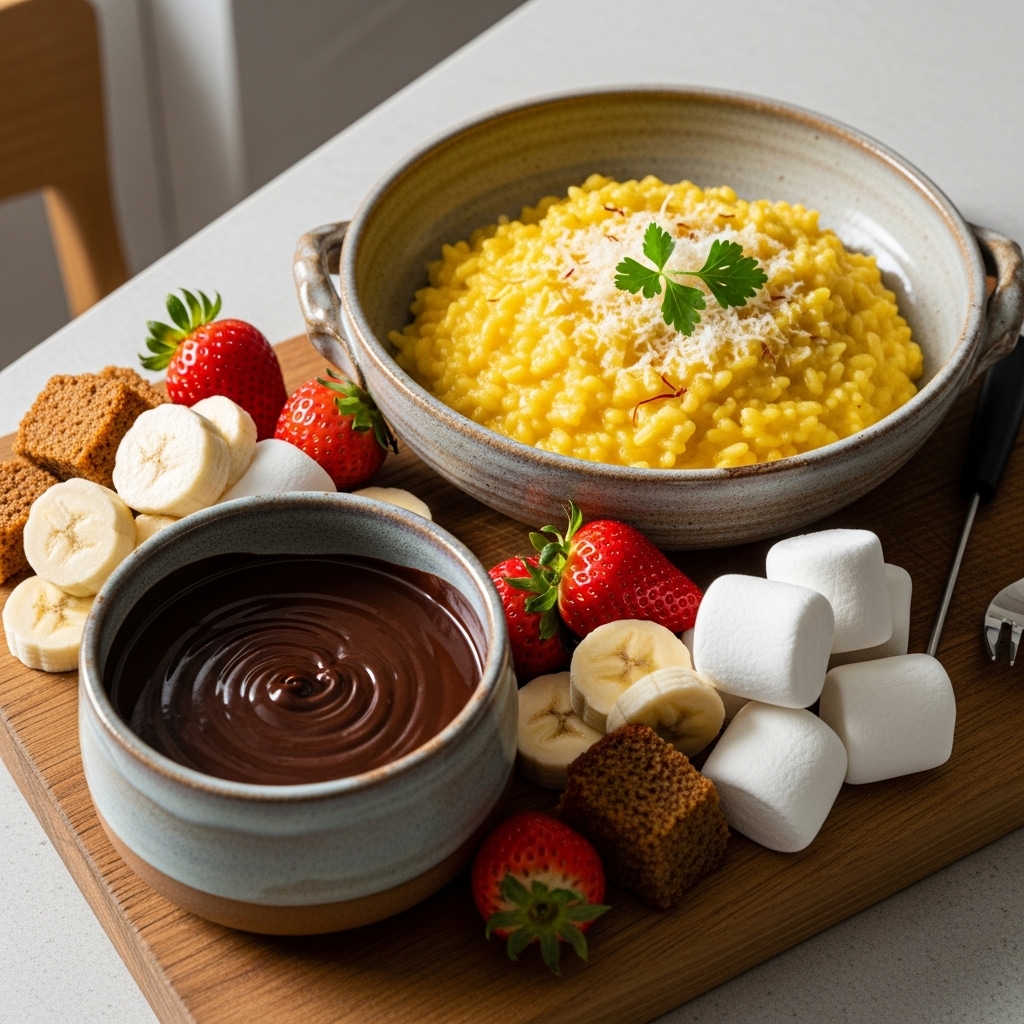 “Sumptuous Gluten-Free Italian Dinner Featuring Risotto Milanese & Chocolate Fondue”