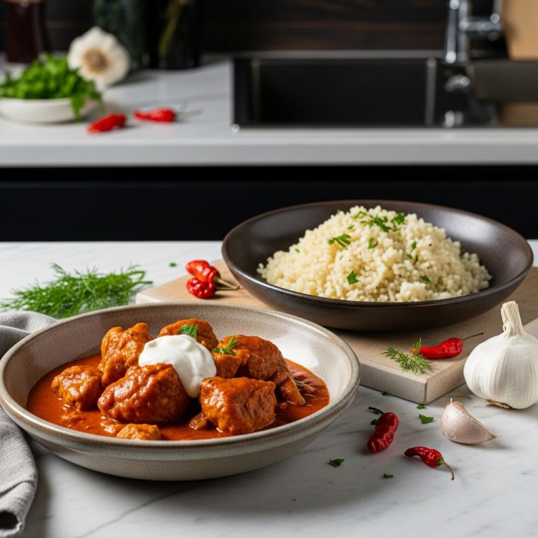 “Sumptuous Hungarian Lunch: Chicken Paprikas and Garlic Cauliflower Rice”