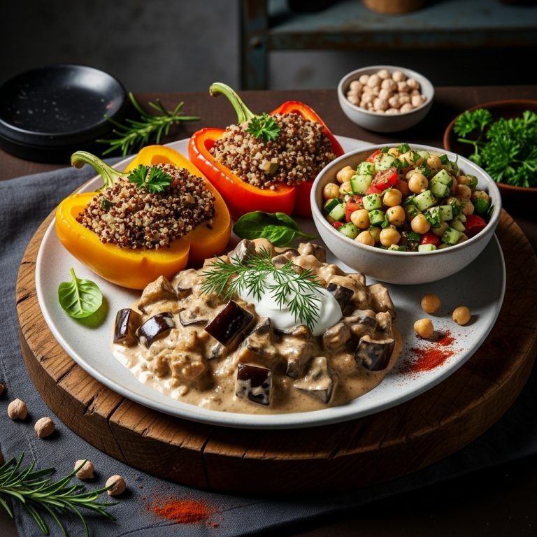 “Sumptuous Israeli Vegan Dinner Feast: Creamy Aubergine Stroganoff, Quinoa-Stuffed Peppers & Chickpea Salad”