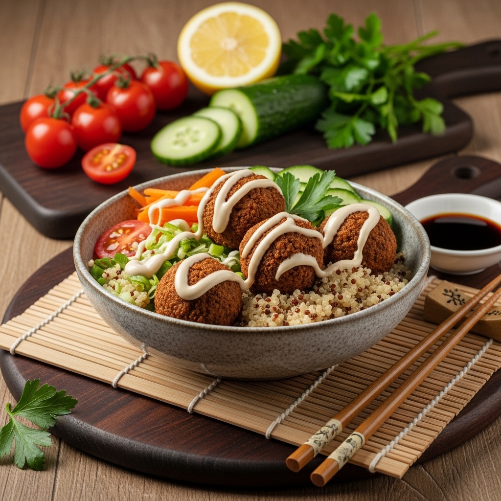 “Sumptuous Israeli Vegetarian Lunch: Falafel Bowl with Tahini Sauce & Quinoa”