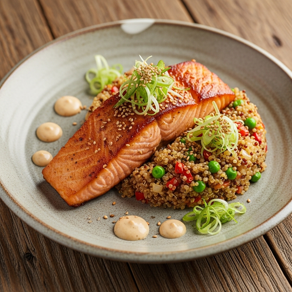 “Sumptuous Japanese Gluten-Free Brunch: Miso-Marinated Salmon & Quinoa Fried Rice”