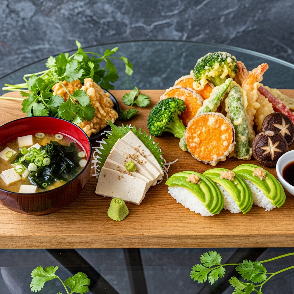 Sumptuous Japanese Vegan Lunch: Miso Soup, Tofu Sashimi, Avocado Nigiri & Vegetable Tempura