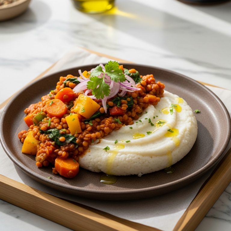 “Sumptuous Kenyan Vegan Lentil Stew Served Over Creamy Ugali – A Wholesome and Nutritious Meal”
