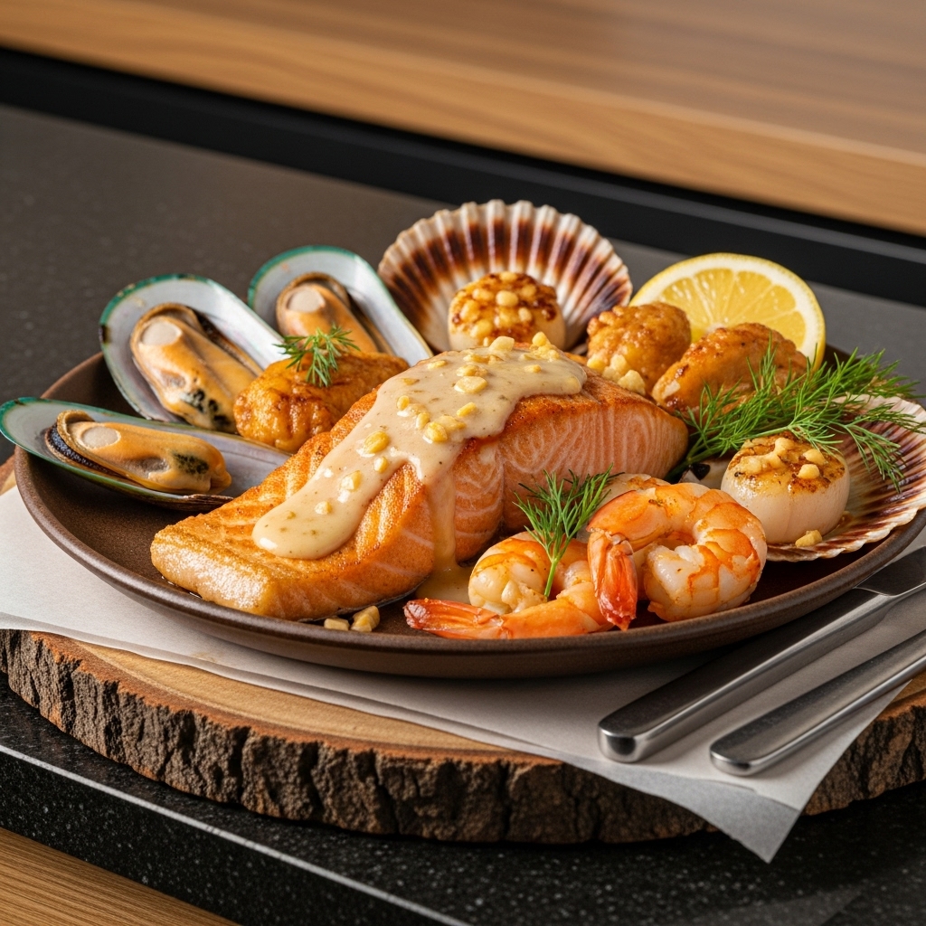 “Keto Chilean Seafood Feast: Seared Salmon & Prawns With Cilantro-Lime Sauce”