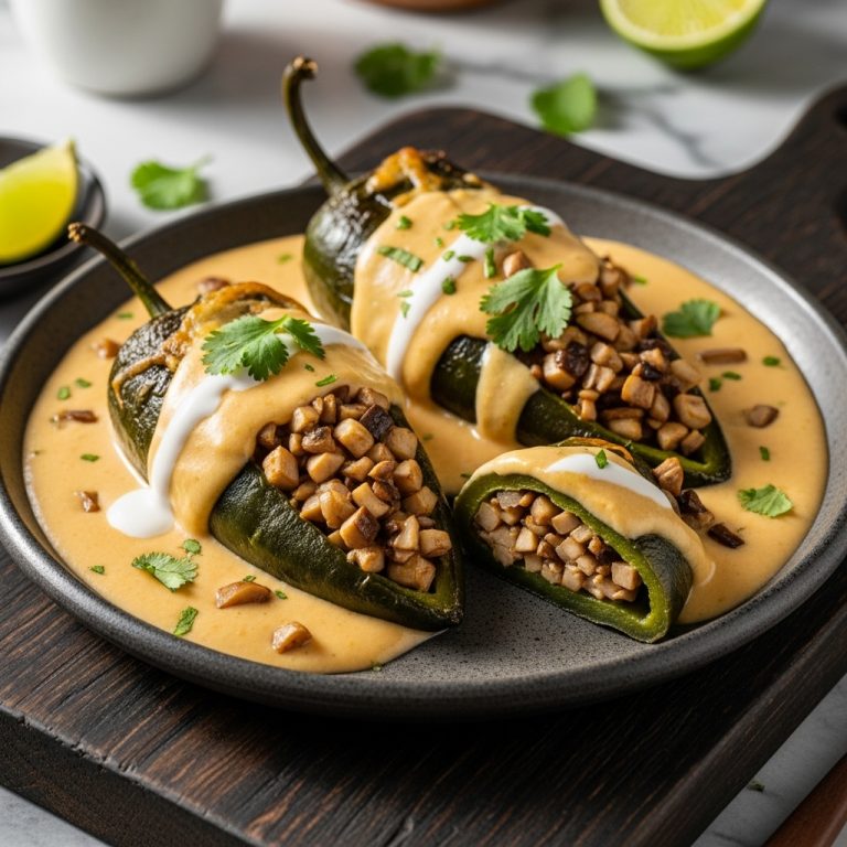 Sumptuous Mexican Vegetarian Chiles Rellenos with Mushroom Queso Sauce