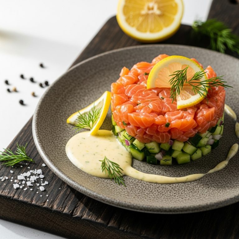Sumptuous Nordic Salmon Tartare with Cucumber Salsa & Lemon-Dill Sauce (Gluten-Free)
