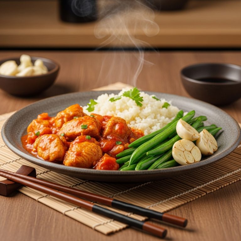 Sumptuous Paleo Hungarian Lunch: Chicken Paprikash with Cauliflower Rice and Garlic Green Beans