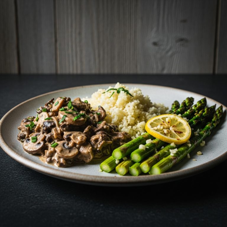 “Sumptuous Polish Paleo Dinner Feast: Wild Mushroom Stroganoff with Cauliflower Rice and Zesty Lemon Garlic Asparagus