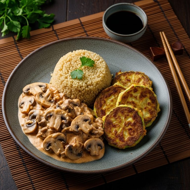 “Sumptuous Polish Vegetarian Lunch: Creamy Mushroom Stroganoff with Quinoa & Crispy Zucchini Fritters”