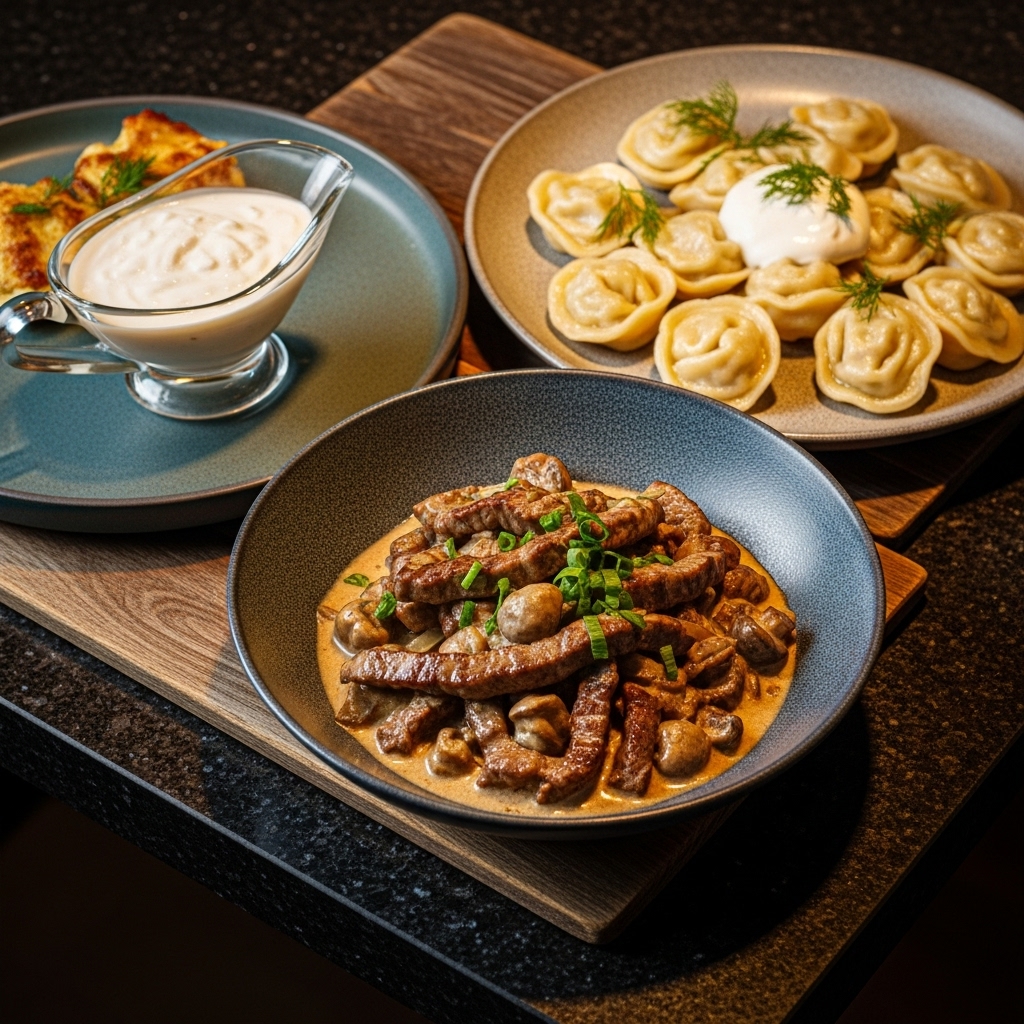 Sumptuous Russian Dinner Feast: Beef Stroganoff, Pelmeni & Classic Vodka Sauce