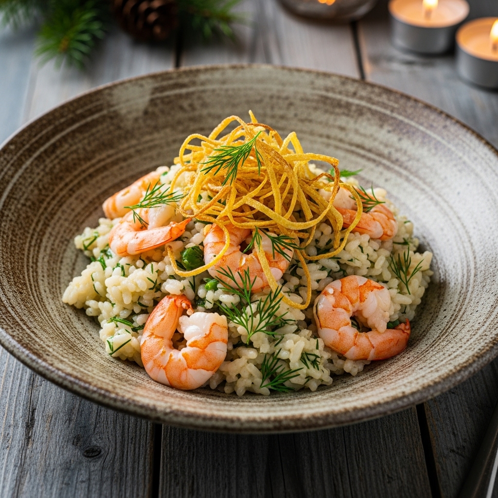 Sumptuous Scandinavian Shrimp Risotto with Crispy Leeks and Dill