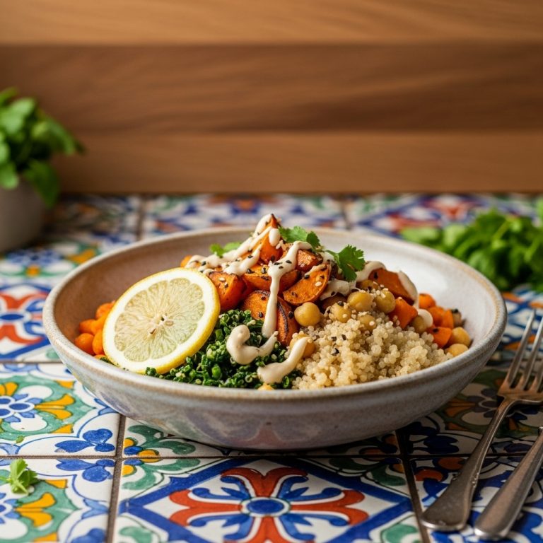 Sumptuous Vegan Australian Chickpea & Quinoa Bowl with Earthy Roasted Sweet Potato and Lemon-Tahini Drizzle