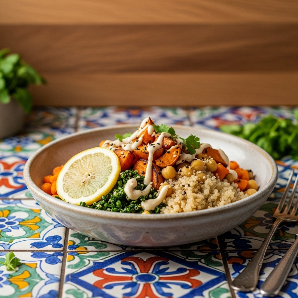 Sumptuous Vegan Australian Chickpea & Quinoa Bowl with Earthy Roasted Sweet Potato and Lemon-Tahini Drizzle