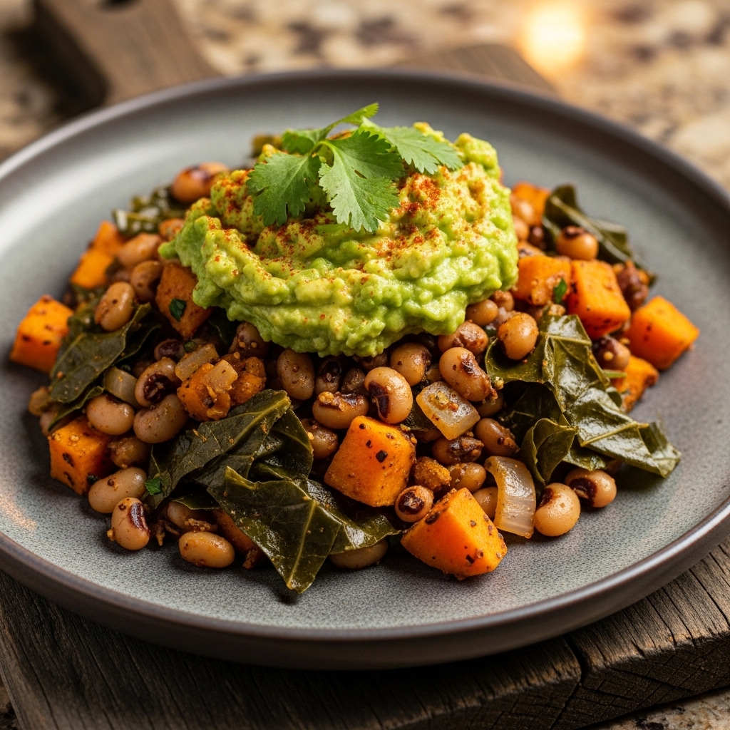 Sumptuous Vegan Cajun Brunch: Black-Eyed Peas & Collard Greens Hash with Savory Smashed Avocado