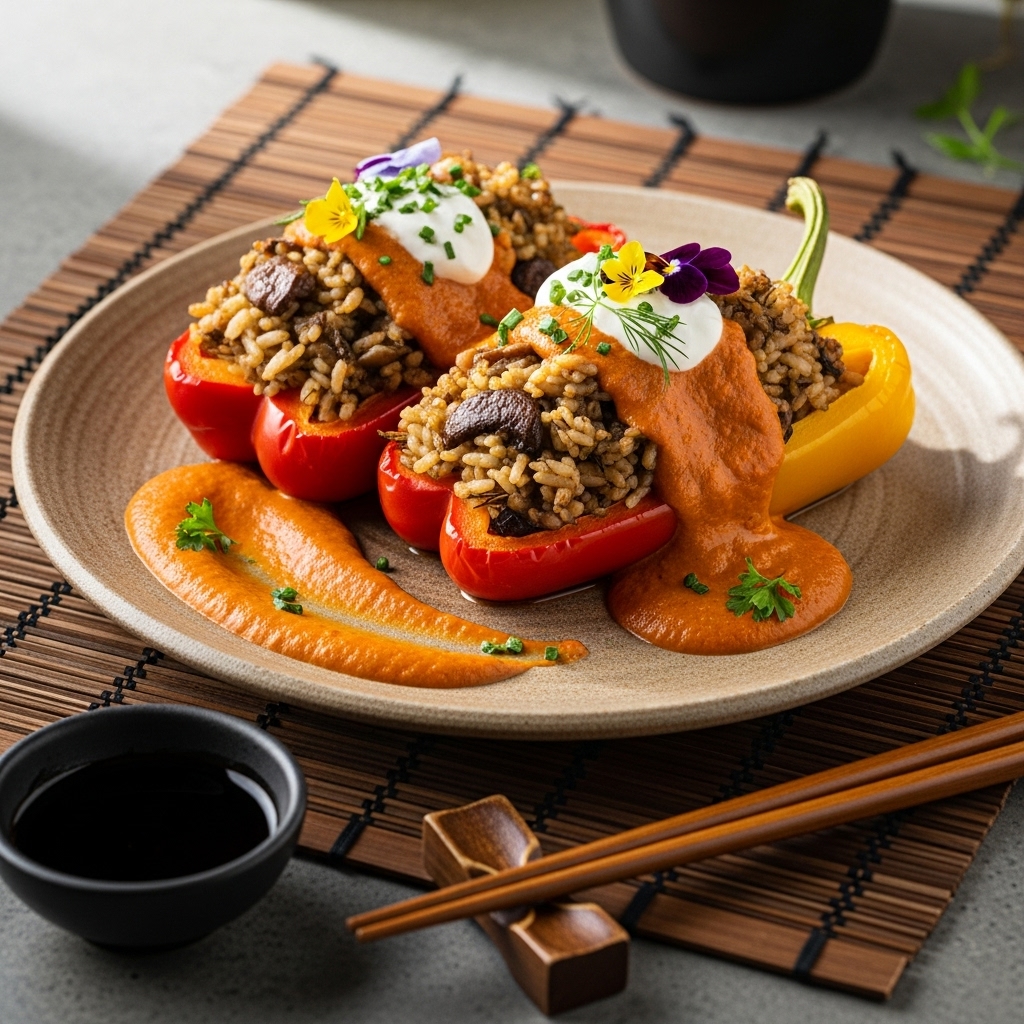 Sumptuous Vegan Hungarian Mushroom Stuffed Peppers with Creamy Sun-Dried Tomato Sauce