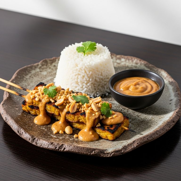 Sumptuous Vegan Indonesian Dinner: Tempeh Satay with Creamy Peanut Sauce and Steamed Jasmine Rice